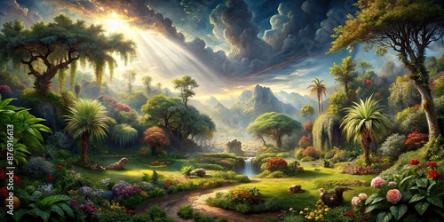 The Garden of Eden after the fall, depicting a contrast between light and dark , Eden, Adam and Eve, garden, tree, apple, serpent