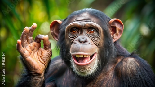 Amused chimpanzee bursts into uncontrollable laughter, simultaneously flashing a perfect ok hand gesture, epitomizing joy and satisfaction in a hilarious pose.