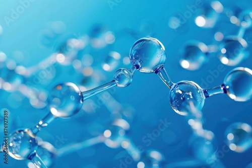 Cosmetic or medicine molecule structure with blue atoms connected by bonds, on blue background