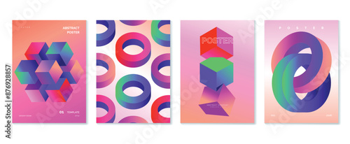 Modern gradient poster background vector set. Minimalist style cover template with vibrant perspective 3d geometric prism shapes collection. Ideal design for social media, cover, banner, flyer.