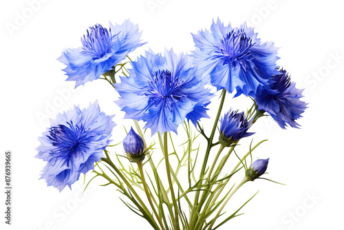 A Bouquet of Sky Blue Cornflowers in Full Bloom Against a White Background on a White or Clear Surface PNG Transparent Background