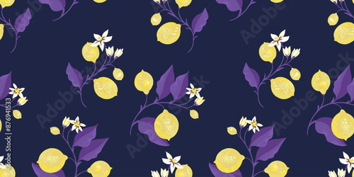 Tropical yellow lemons on violet branch with leaves scattered randomly on a seamless pattern. Vector hand drawing illustration. Abstract artistic citrus fruit repeated printing on a dark background