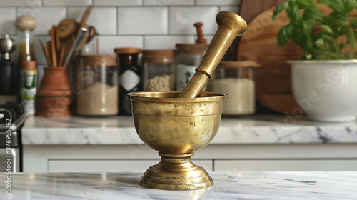 A vintage brass mortar and pestle set, polished to a shine, sitting on a marble kitchen countertop.