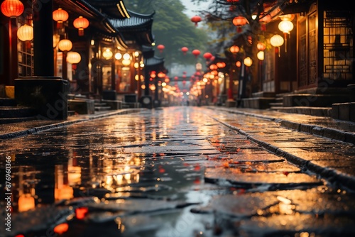 old town on a late rainy evening, wet pavement, street lights, old architecture in Japanese or Chinese style