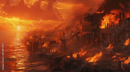 Dramatic depiction of troy ancient greek city ablaze at sunset with temples burning by the sea