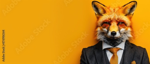 Fox in a sharp suit, yellow background, cunning and stylish, urban wildlife