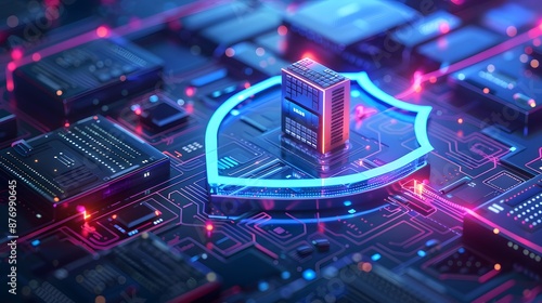 Futuristic illustration of cyber security concept with a glowing shield and microchip on a circuit board, highlighting data protection.