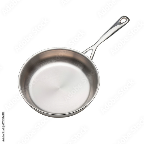 Stainless steel frying pan with a sleek handle, perfect for cooking in any kitchen. Durable, easy to clean, and versatile for daily use. isolated on a white background.