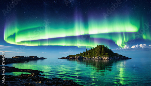 Aurore boréale illuminant une île pittoresque