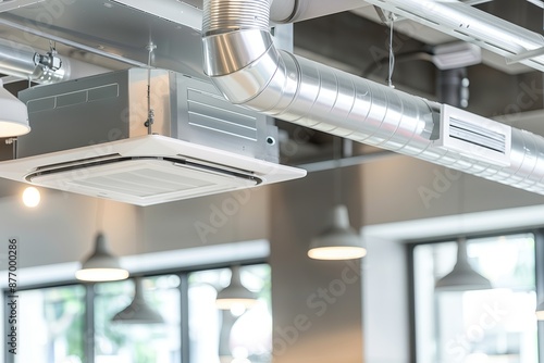 A fan coil unit provides comfortable conditions in the office room. Ventilation system. Microclimate, room temperature. Air conditioning. Industrial ceiling air conditioner. Vent pipes, ducts and grid