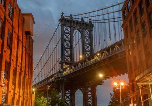 Manhattan Bridge as seen from DUMBO at night of Brooklyn New York USA