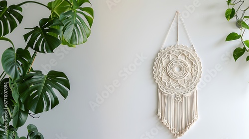 Cotton macrame mandala wall decoration hanging on white wall with green leaves