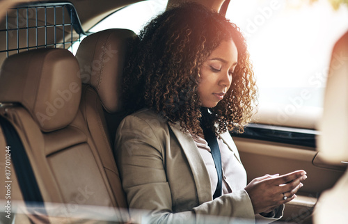 Travel, car and woman with smartphone, typing and social media update with connection. Bulletproof vehicle, politician and council member with cellphone, online schedule or internet for email or text