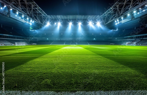 The stadium lights shone down on the green grass of an empty soccer field.