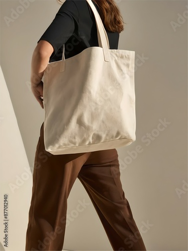 A woman is holding a white tote bag