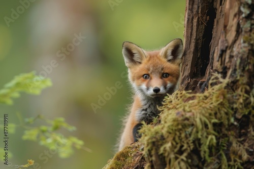 A Red Fox Kit hides from its ornery siblings from behind a dead tree trunk deep in the forest.