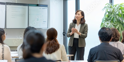 A Japanese businesswoman delivering a seminar on economics, engaging with colleagues.