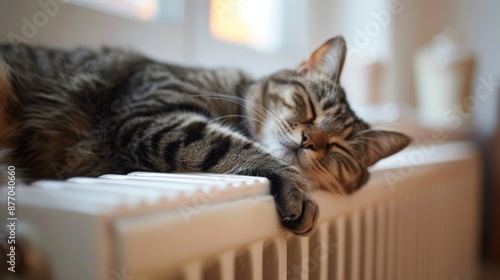 A Tabby Cat Peacefully Sleeping on a Radiator Indoors. The Start of the Heating Season in Autumn