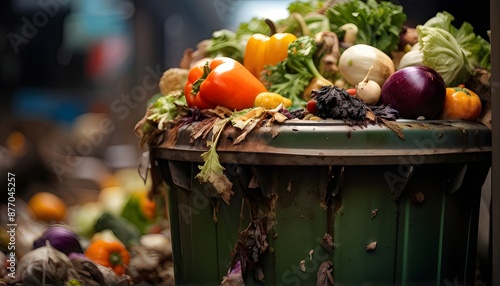 Fresh vegetables in garbage bin overflowing with food waste in urban setting. Generative AI