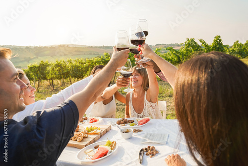 Happy adult friends having fun drinking red wine and eating together with vineyard in background - Multiracial people doing appetizer at summer time in countryside resort - Main focus on hands