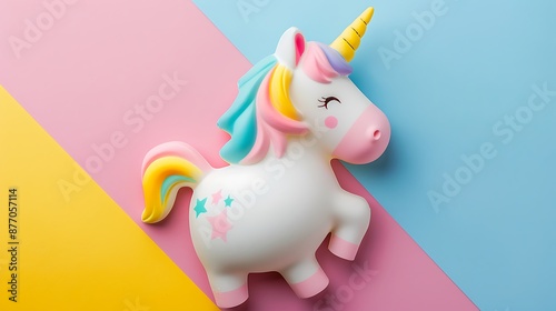 top view squishy unicorn toy isolated on colorful background