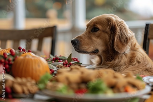 golden retriever dog sitting patiently beside a Thanksgiving dinner feast, food and love. November month in dogs calendar.