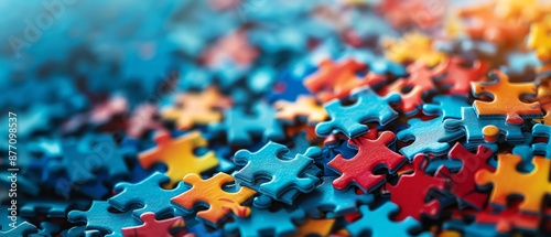 A multitude of colorful jigsaw puzzle pieces scattered on a vibrant blue background, representing problemsolving and complexity