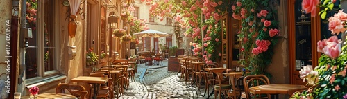 A picturesque street cafe adorned with blooming flowers on a sunny day, inviting a sense of European dining charm