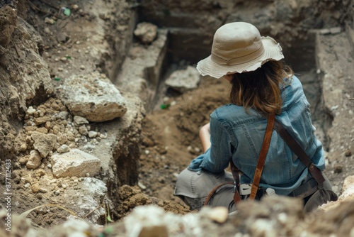 Woman archaeologist digs carefully in the earth at a historical excavation site