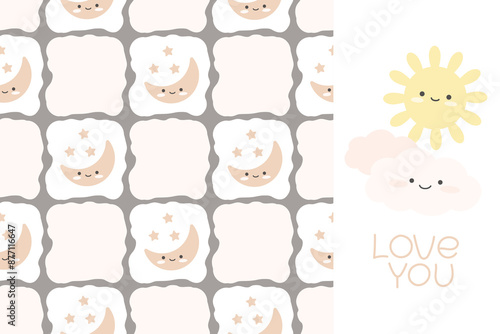 Cartoon weather characters pattern and design element set. Sun, moon, clouds. Collection for childrens nursery design. Cartoon vector Illustration.