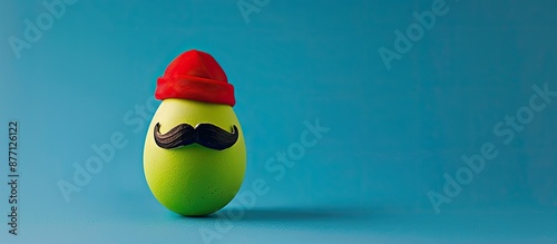 Close-up photograph of a festive green mustache egg wearing a red cap on a blue backdrop, ideal for an Easter copy space image with a minimalistic design concept.