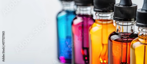Bottles of e-liquid and e-juice on white background with copy space image.