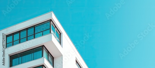 A white business building stands against a vibrant blue sky, providing ample copy space image for advertisers.