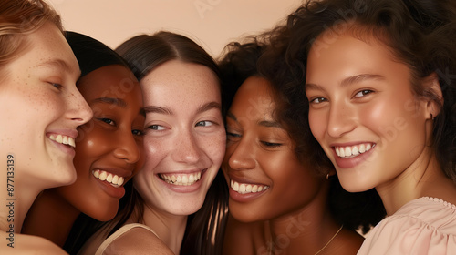 group of multiethnic female models with different skin tones in a studio, beige background, soft beige and pink color palette, natural lighting, happy mood, natural makeup,natural makeup, skin care