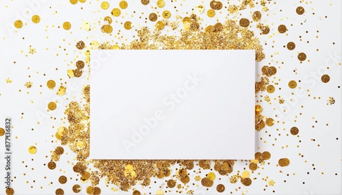 White empty greeting card over scattered golden sequins, glitter and confetti isolated on white background with blank space. Flat lay, top view with copy space. Mockup template.