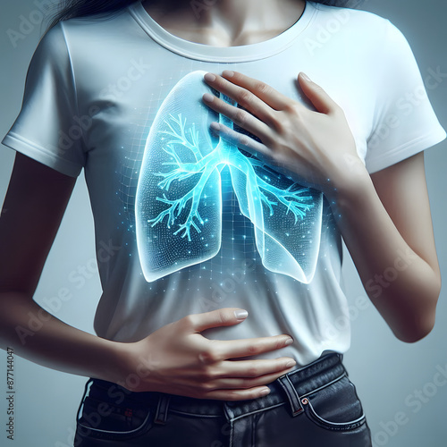 A Woman Holding Chest with Highlighted Lungs | Medical Illustration, Lung disease, Lung Cancer, Chest Pain, Pleuritic Chest Pain, Emphysema, Dyspnea, Shortness of Breath