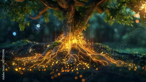 Glowing Roots Connecting Trees in a Network of Nature's Interconnectedness