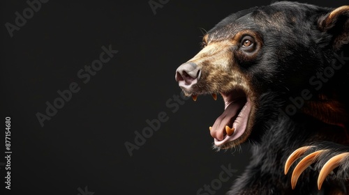  A black bear with its mouth widely opened, revealing its teeth