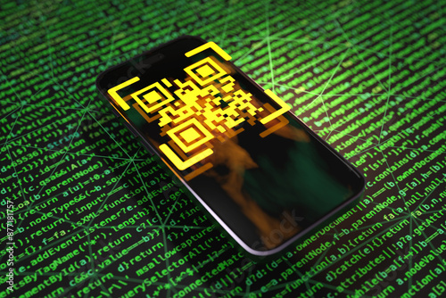 Yellow QR code floating above a smartphone on a green background made of computer programming language codes. Illustration of the concept of QR code scam, hacking and electronic payment security