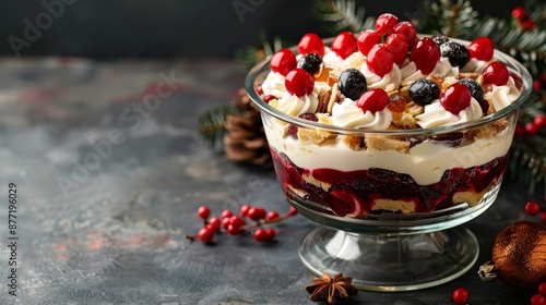 Festive Christmas Trifle Dessert with Whipped Cream and Berries