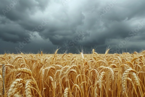 An impressive display of nature with dark, turbulent storm clouds hanging over a field of golden wheat, representing the power and unpredictability of the weather