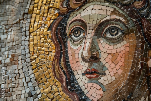 Highresolution closeup of an ancient roman mosaic depicting a detailed and expressive human face