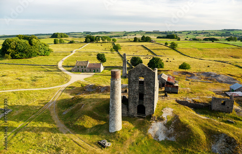 Magpie Mine disused industrial lead mine near Ashford, Derbyshire, UK. Closed 1958 after 200 years use. Video fly out looking south