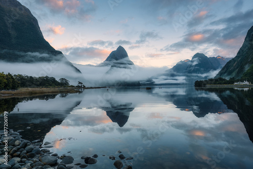 Milford Sound with Mitre peak and foggy on the lake at Fjordland national park, New Zealand