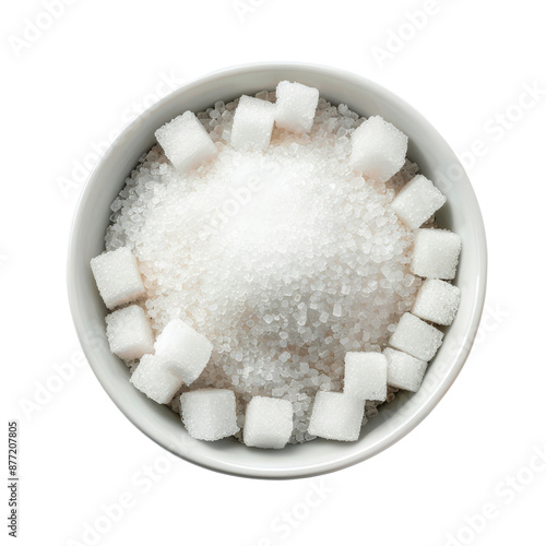 Top view of a white bowl filled with granulated white sugar and adorned with sugar cubes on a clean white background.