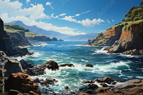 A painting of a rocky coast with mountains in the background., generative IA