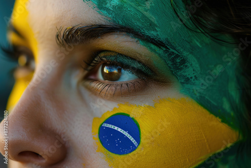 Face of young woman painted in the colors of Brazilian flag, symbolizing patriotism and national pride. Brazilian Independence Day. Love for the country. National holiday in Brazil.