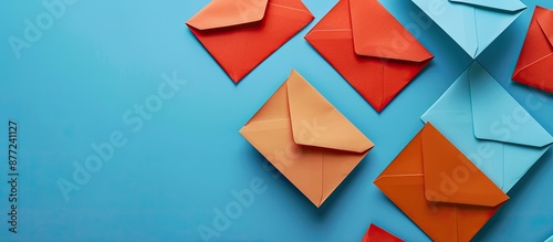 A blue background with orange envelopes containing blank white and blue paper sheets providing a copy space image for your design