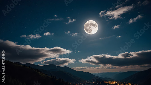 A beautiful sky night, with twinkling stars and ethereal clouds, framed by the delicate glow of a full moon that casts a soft light over a serene, mountainside landscape