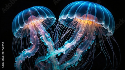 Glowing jellyfish in deep sea environment with dark background, close-up view. Generative AI